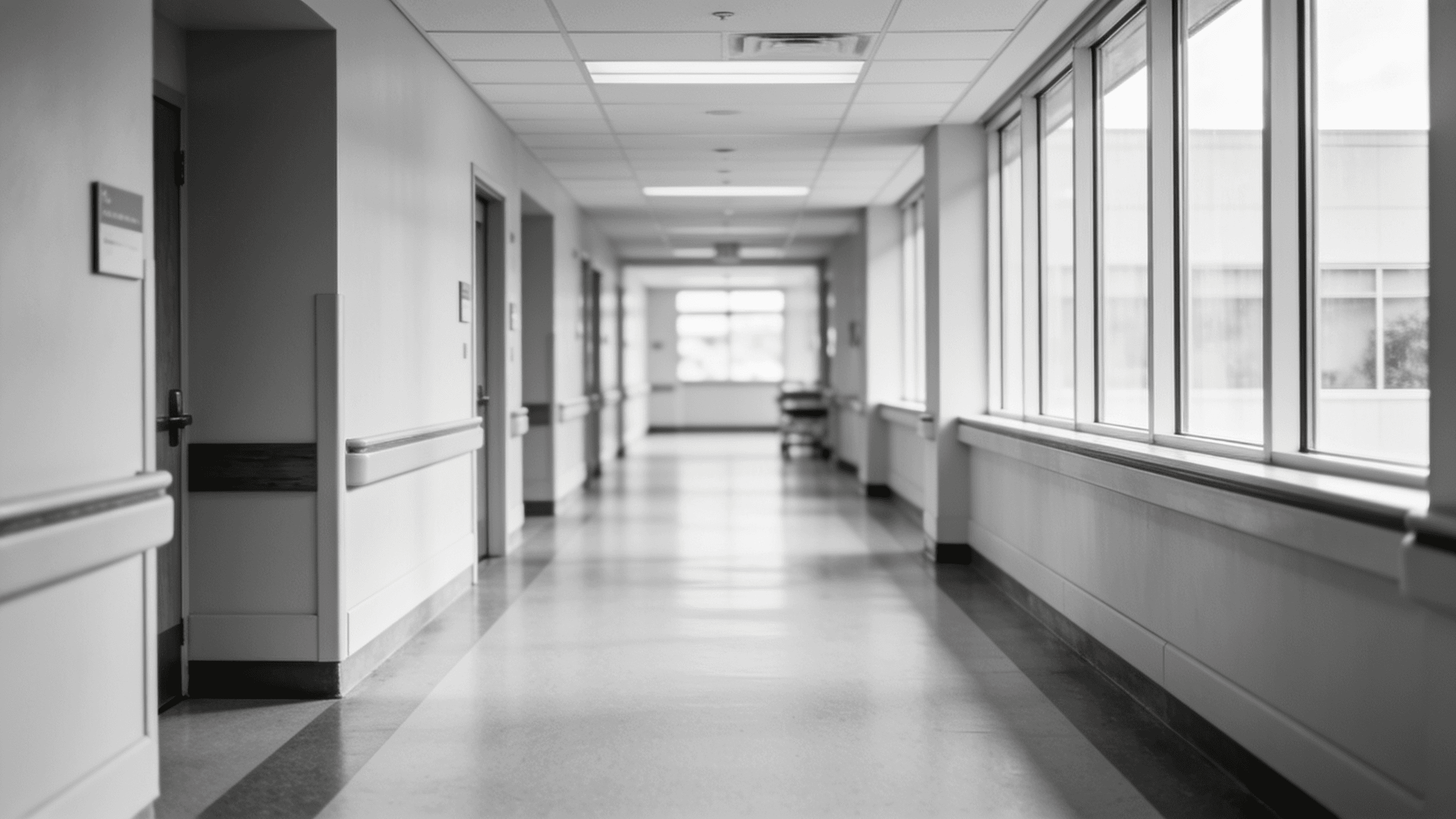 A calm, light-filled corridor in a California healthcare facility, rendered in black and white.